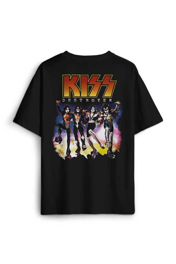 Siyah Oversize Tişört Kiss The Destroyer Rock Music Album Sırt Ön Baskılı Unisex