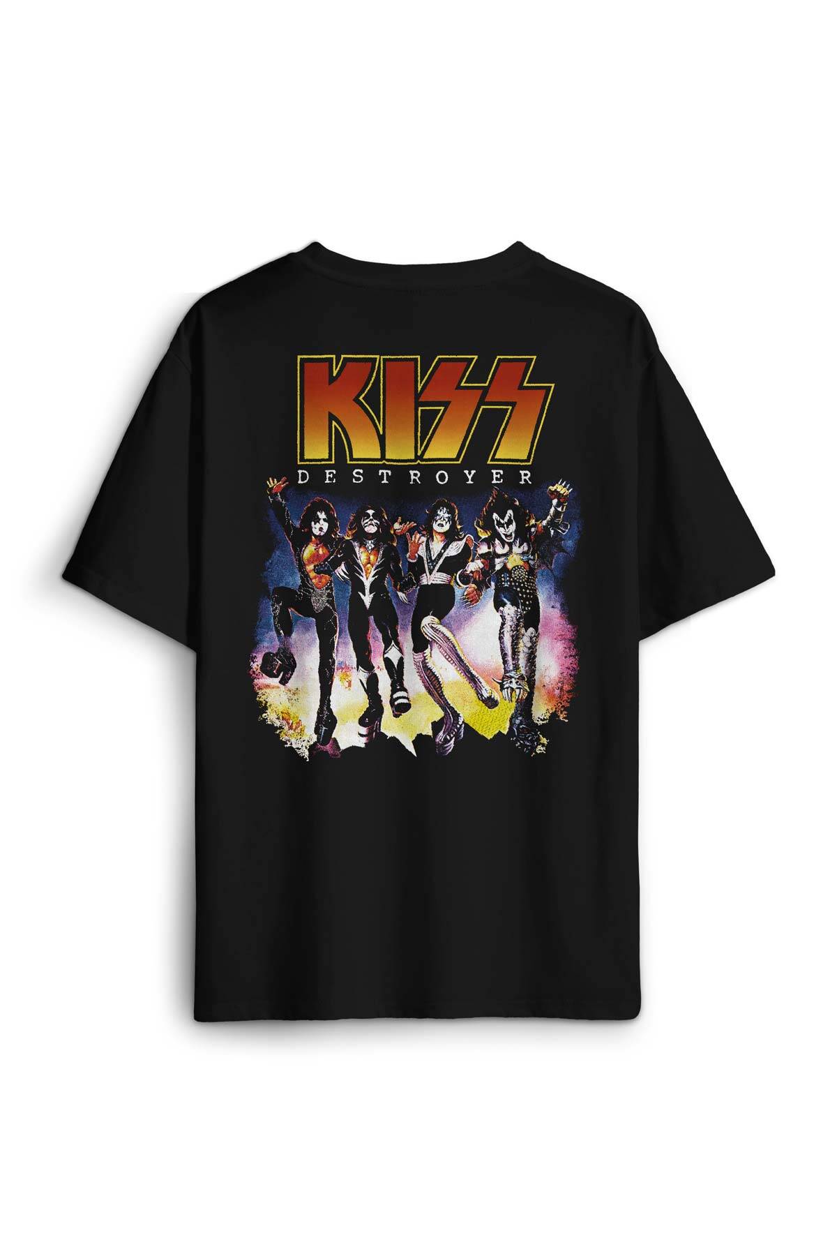 Siyah Oversize Tişört Kiss The Destroyer Rock Music Album Sırt Ön Baskılı Unisex T-shirt