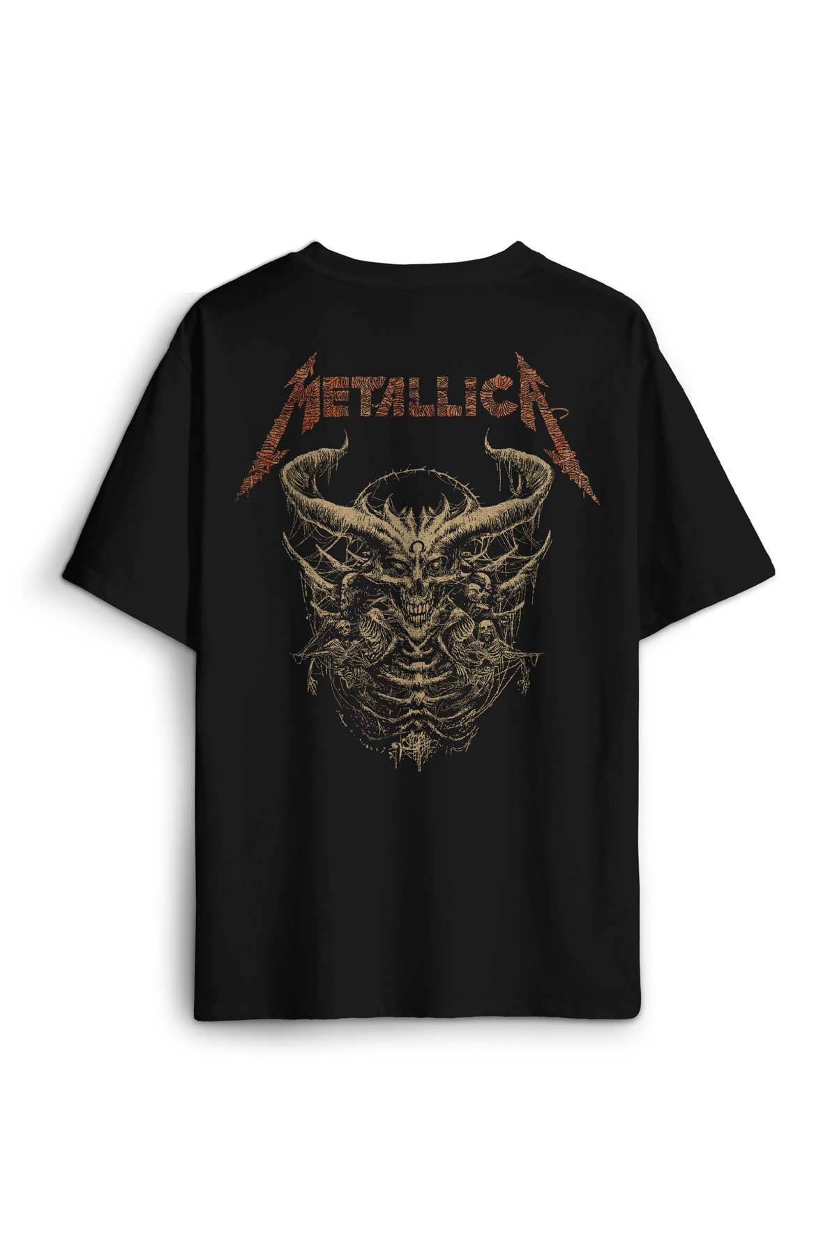 Siyah Oversize Tişört Metallica Sargı Canavar Skull Vintage Korku Sırt Ön Baskılı Unisex T-shirt