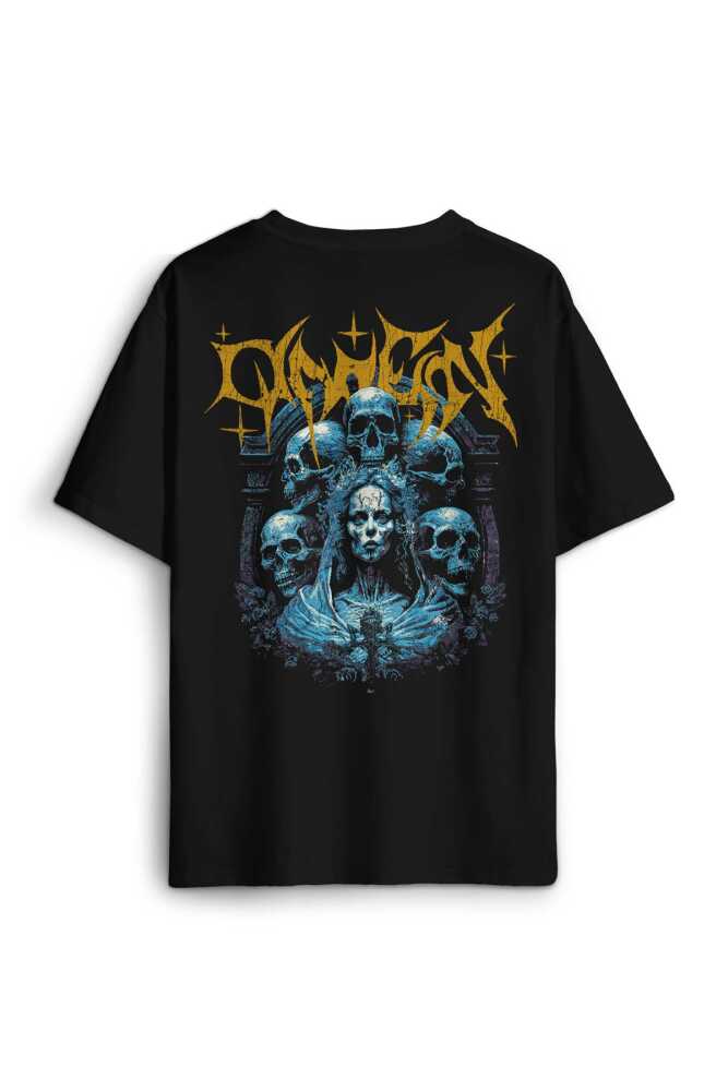 Siyah Oversize Tişört Omen Gotik Skull Gothic Corpse Bride Sırt Ön Baskılı Unisex