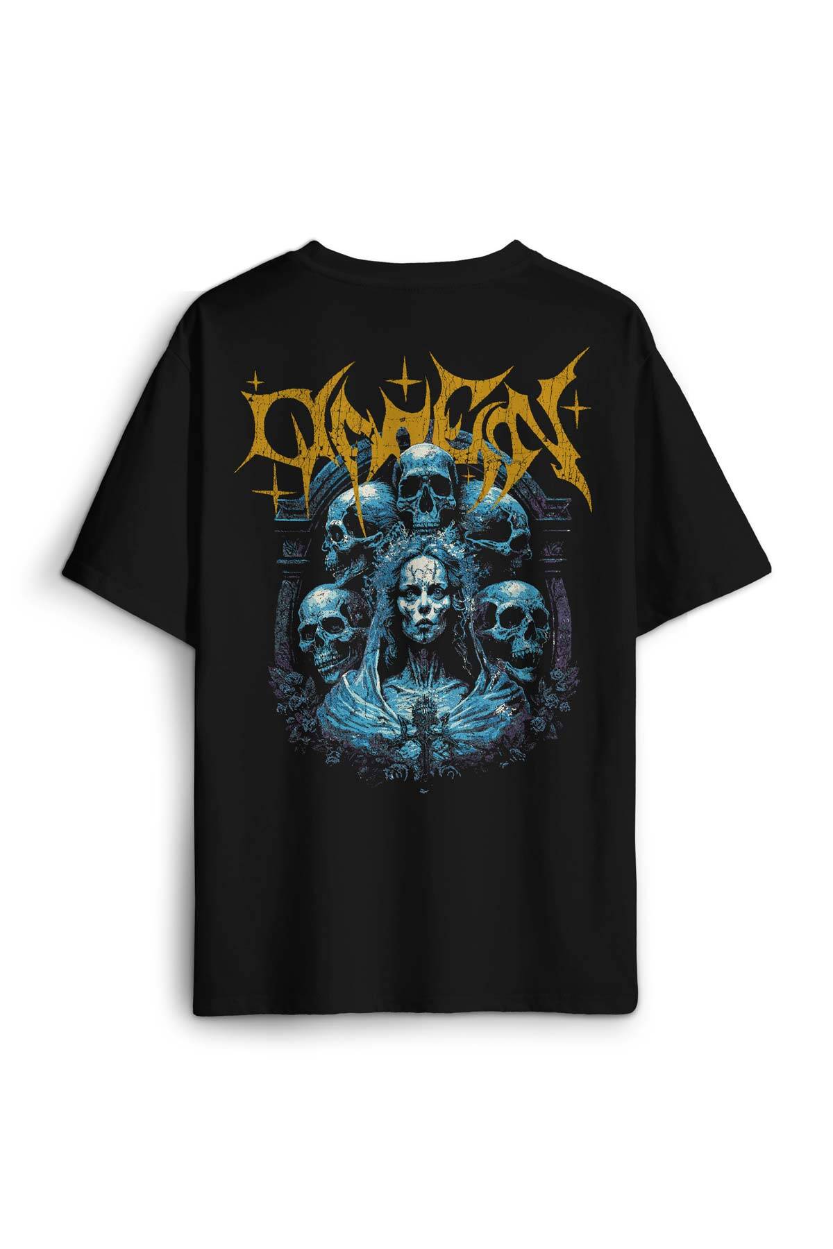 Siyah Oversize Tişört Omen Gotik Skull Gothic Corpse Bride Sırt Ön Baskılı Unisex
