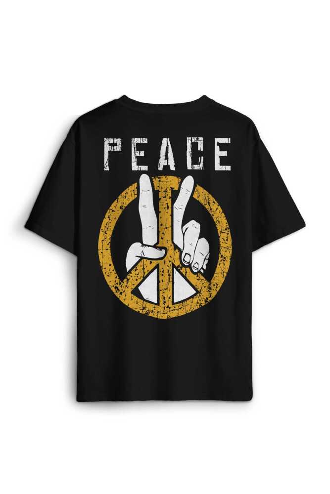 Siyah Oversize Tişört Peace Freedom Özgürlük Yazı Kısa Kollu Sırt Ön Baskılı Unisex - 2