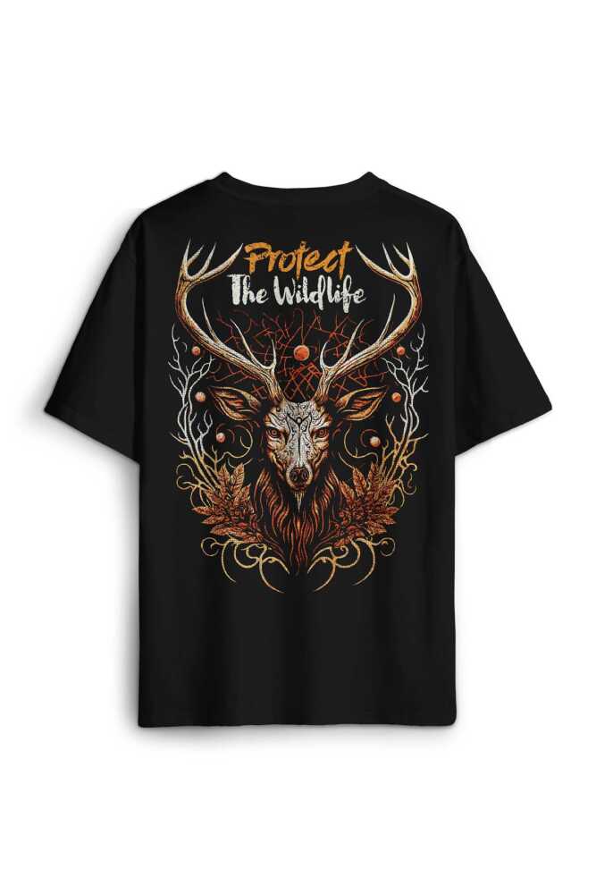 Protect The Wildlife Deer Nature Outdoor Doğa Geyik Baskılı Siyah Oversize Tişört Unisex (1)
