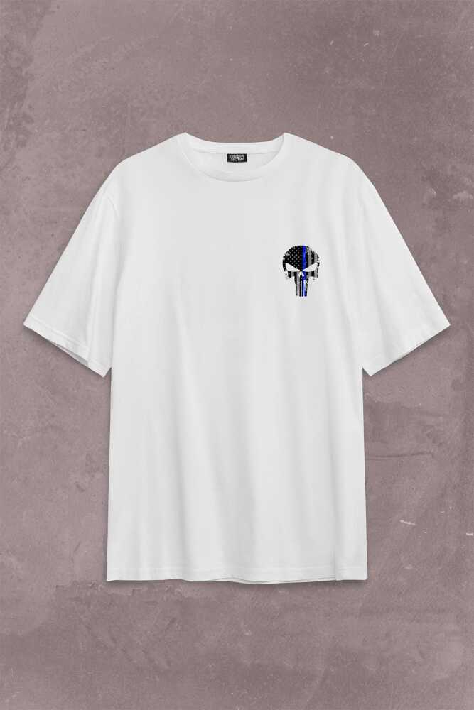 Beyaz Oversize Tişört Punisher Cezalandırıcı Frank Castle Sırt Ön Baskılı Unisex