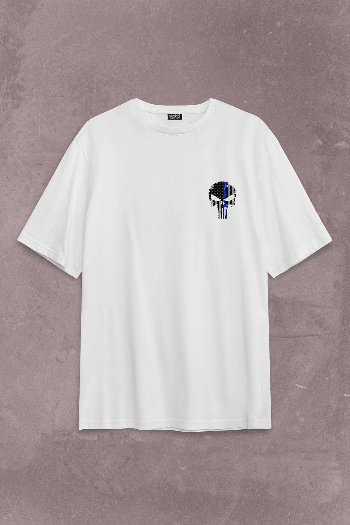 Beyaz Oversize Tişört Punisher Cezalandırıcı Frank Castle Sırt Ön Baskılı Unisex