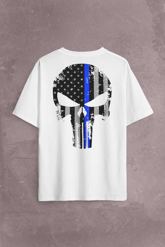 Beyaz Oversize Tişört Punisher Cezalandırıcı Frank Castle Sırt Ön Baskılı Unisex (1)