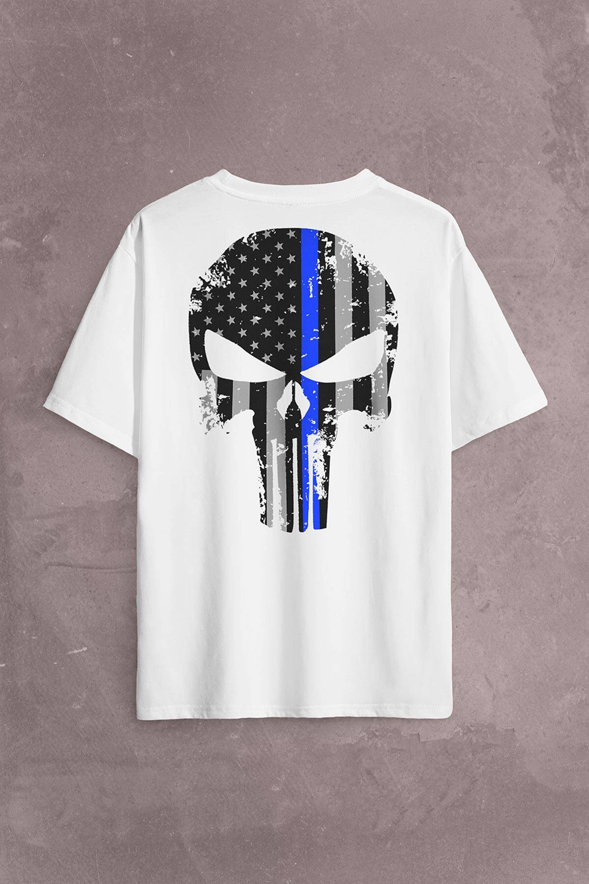Beyaz Oversize Tişört Punisher Cezalandırıcı Frank Castle Sırt Ön Baskılı Unisex (1)