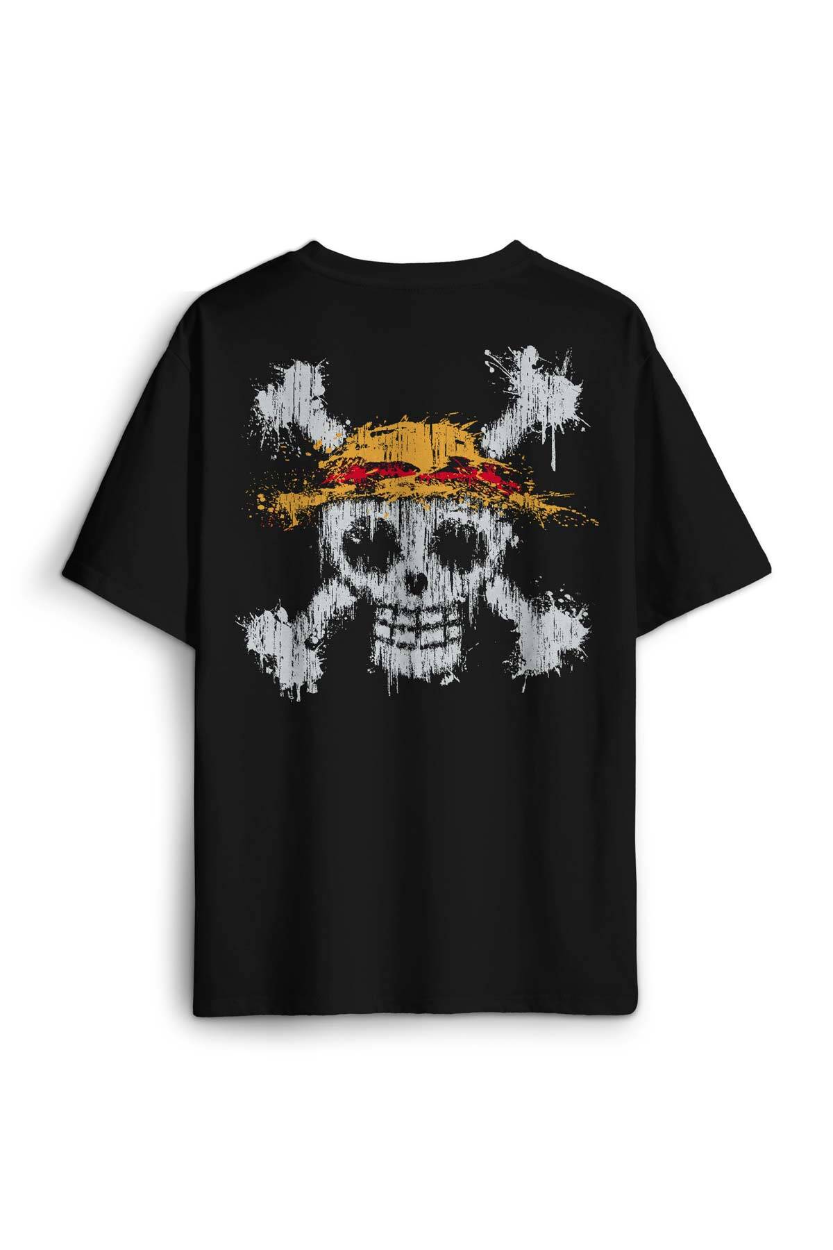 Siyah Oversize Tişört Şapkalı One Piece Anime Sırt Ön Baskılı Relax Fit T-shirt (1)