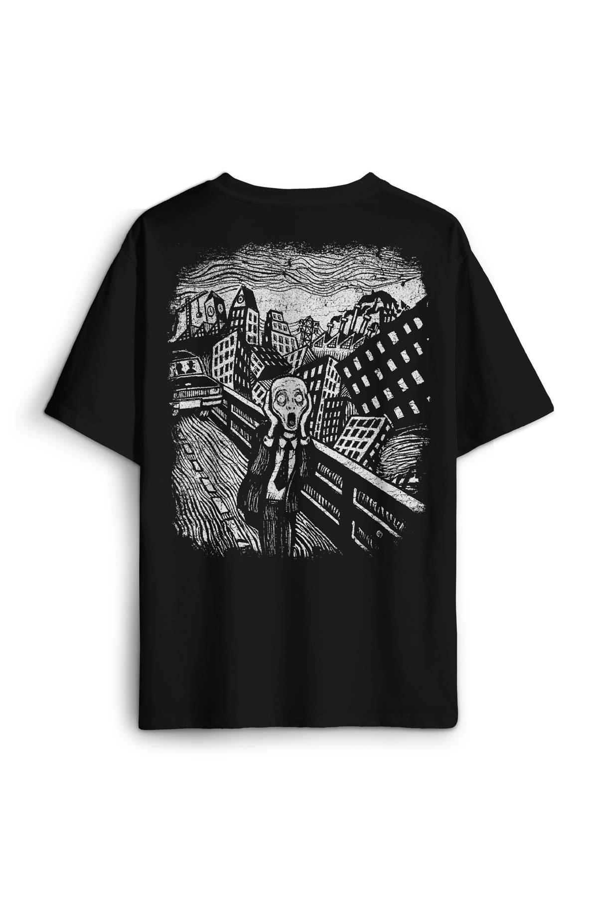 Siyah Oversize Tişört Scream Edward Munch Tablo Korku Ressam Sırt Ön Baskılı Unisex T-shirt (1)