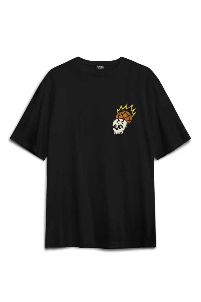 Siyah Oversize Tişört Skull Logo Y2k Kuru Kafa Galaksi Uzay Galaxy Sırt Ön Baskılı Unisex