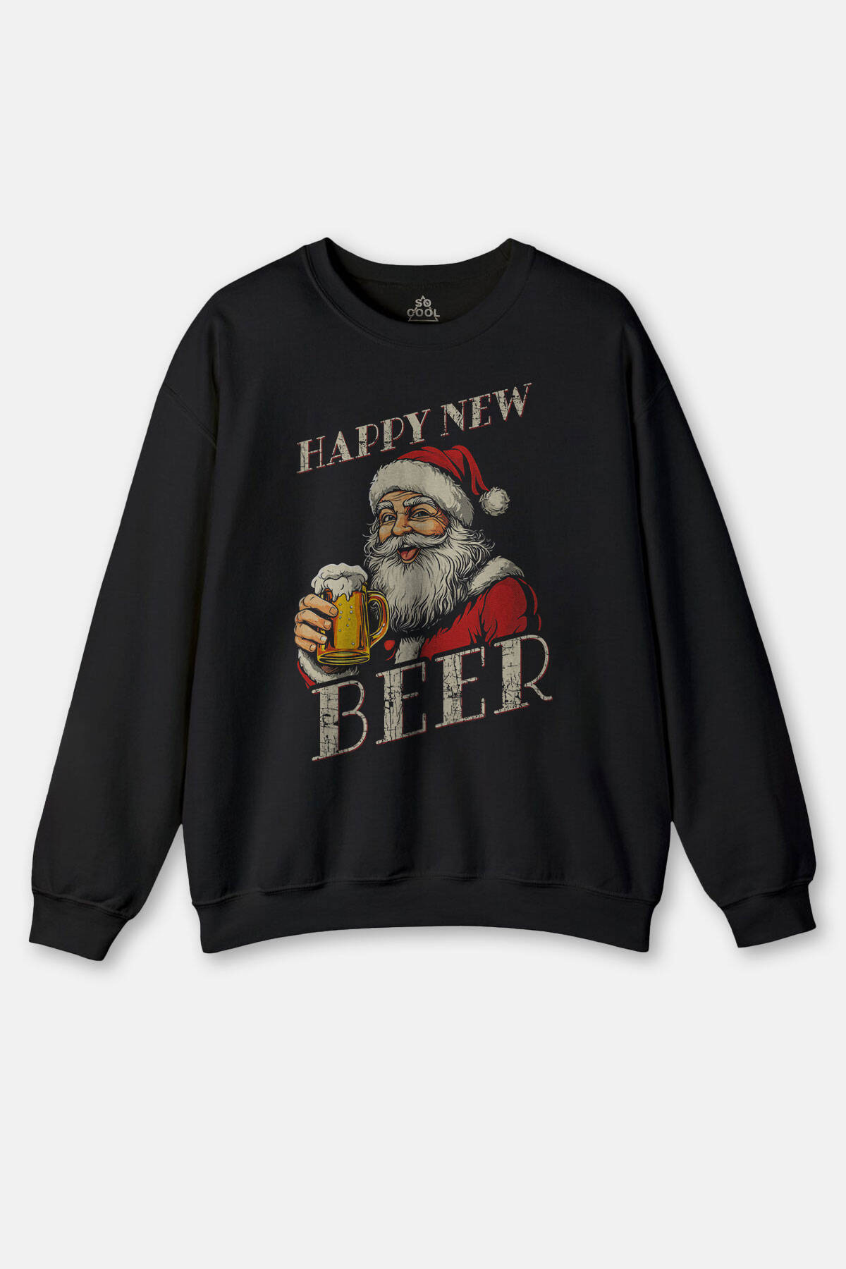 Happy New Beer Yeni Yıl Noel Merry Christmas Yılbaşı Siyah Bisiklet Yaka Sweatshirt