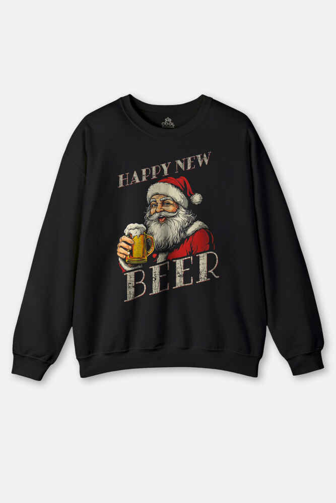 Happy New Beer Yeni Yıl Noel Merry Christmas Yılbaşı Siyah Bisiklet Yaka Sweatshirt