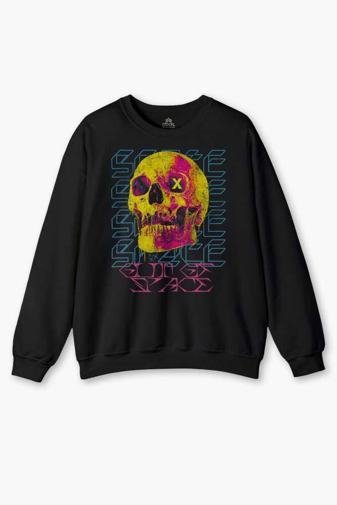 Siyah Thermal Skull Y2K Renkli Kuru Kafa Streetwear Urban Baskılı Sweatshirt