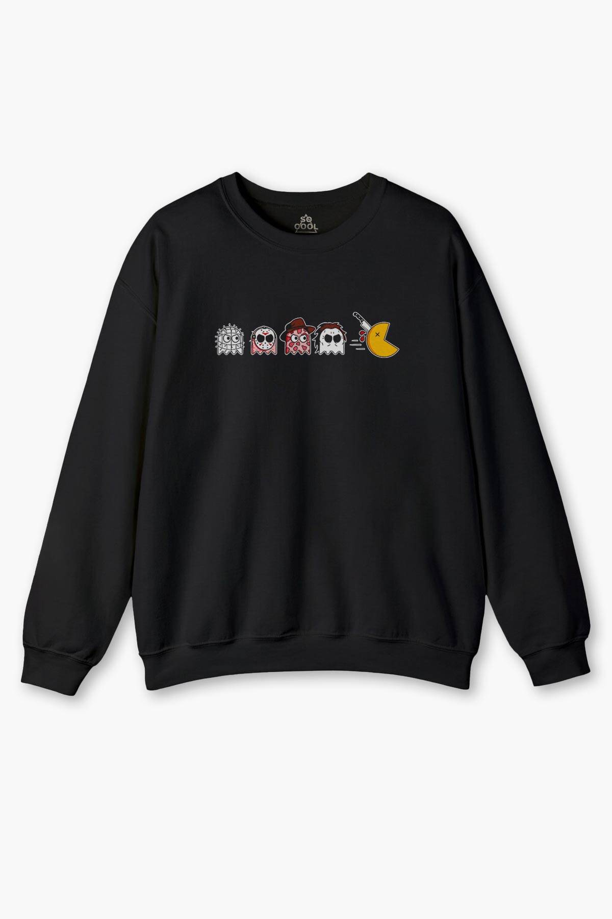 Among Us Pacman Halloween Korku Film Oyun Baskılı Siyah Sweatshirt