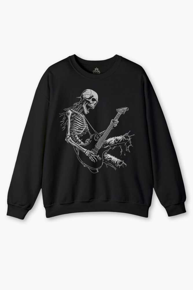 Siyah Sweatshirt Skeleton Playing Guitar Heavy Metal Skull İskelet Gitar Rock Siyah Baskılı Sweat