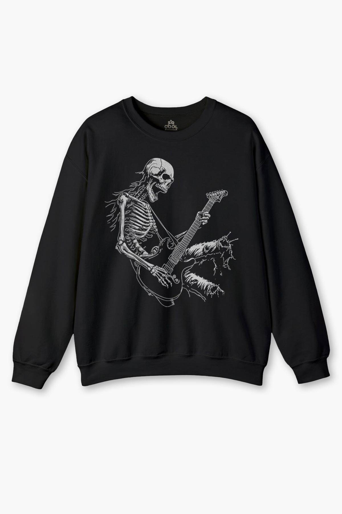 Skeleton Playing Guitar Heavy Metal Skull İskelet Gitar Rock Baskılı Siyah Sweatshirt