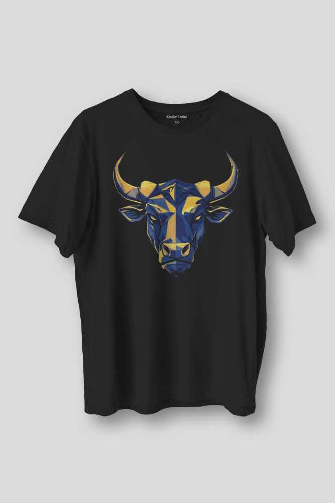 Boğa Sarı Lacivert Bull Fener Fitness Gym 1907 Geometrik Baskılı Siyah Unisex Tişört