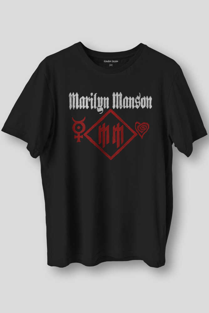 Marilyn Manson Logo Kalp Rock Metal Müzik Baskılı Siyah Unisex Kısa Kollu Tişört