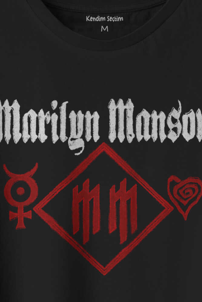 Marilyn Manson Logo Kalp Rock Metal Müzik Baskılı Siyah Unisex Kısa Kollu Tişört (1)