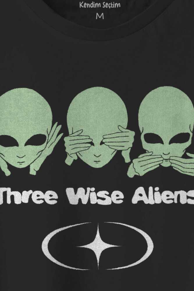 Siyah T-shirt Three Wise Aliens Ufo Mars Uzay Kozmos Baskılı Unisex (1)