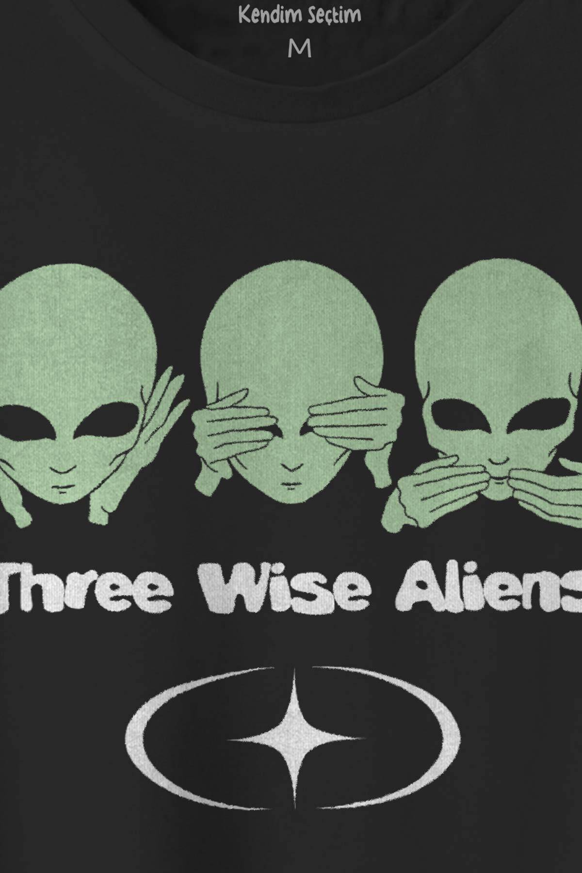 Siyah T-shirt Three Wise Aliens Ufo Mars Uzay Kozmos Baskılı Unisex (1)