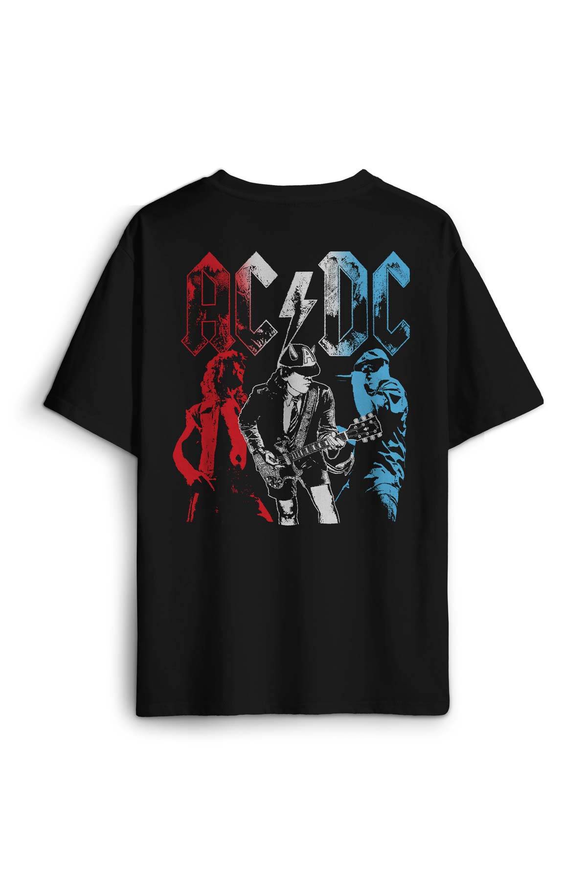 Siyah Tişört Ac Dc Angus ve Malcolm Young Rock Sırt Ön Baskılı Oversize Unisex T-Shirt
