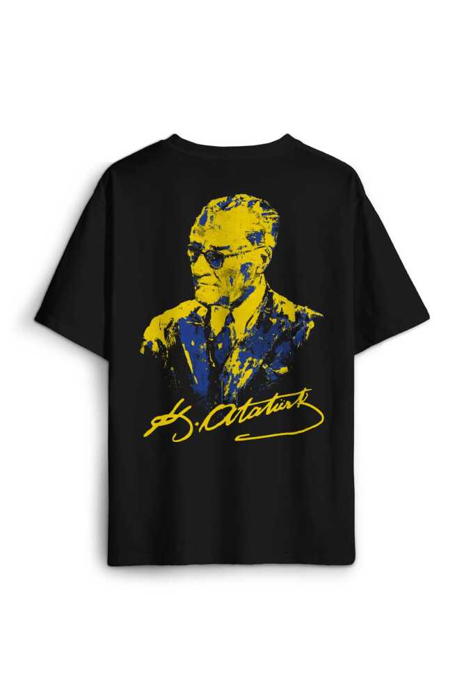 Atatürk Sarı Lacivert Sırt Ön Baskılı Siyah Oversize Tişört Unisex