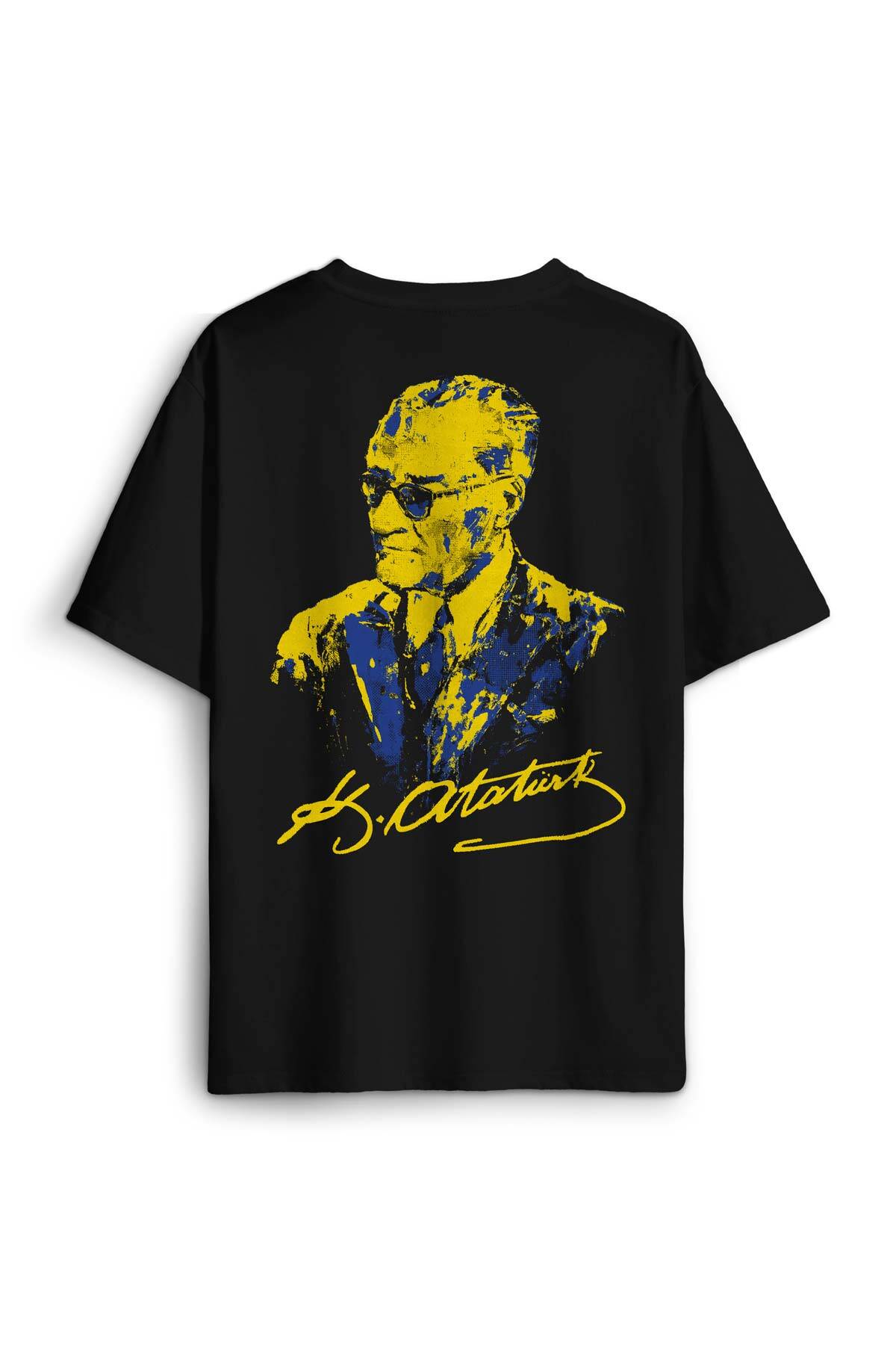 Atatürk Sarı Lacivert Sırt Ön Baskılı Siyah Oversize Tişört Unisex