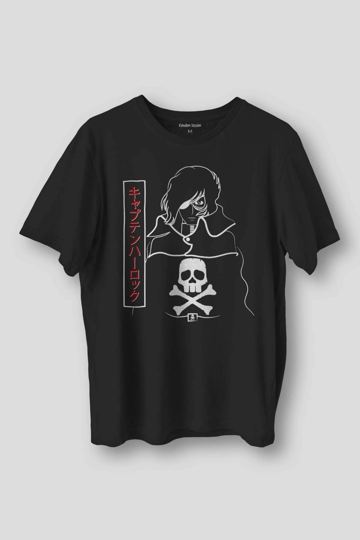 Siyah Tişört Captain Harlock Anime Tişört  Retro Uzay Korsanı Baskılı Unisex Tshirt - 1