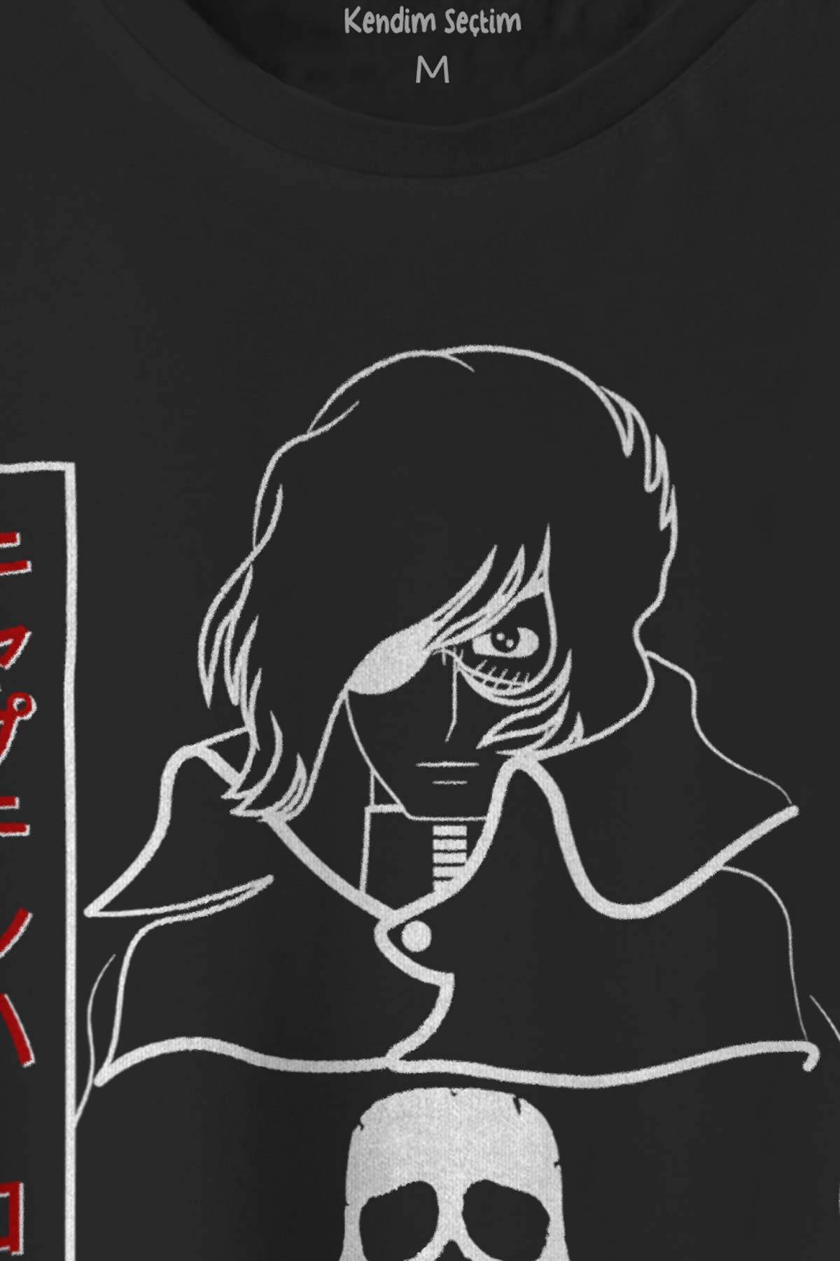 Siyah Tişört Captain Harlock Anime Tişört  Retro Uzay Korsanı Baskılı Unisex Tshirt - 2