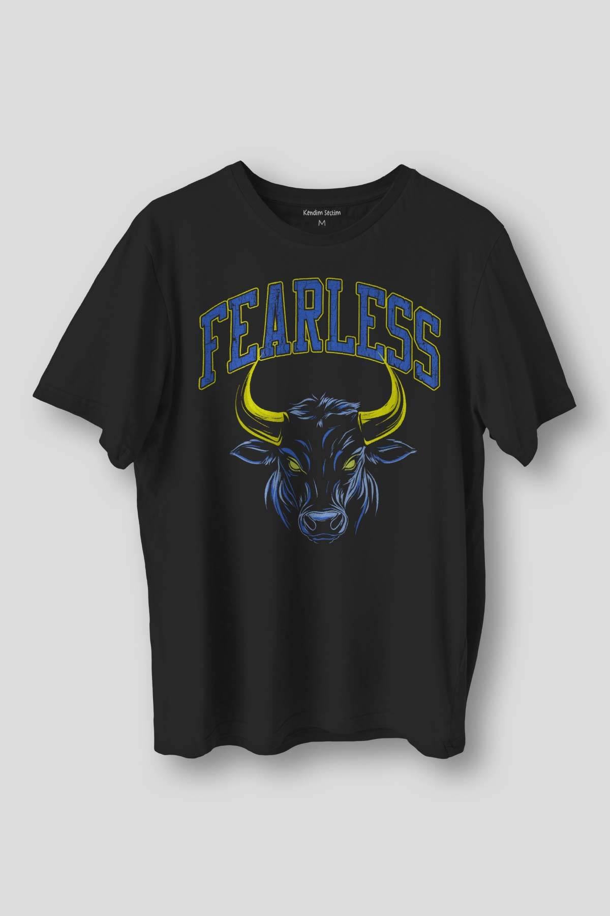 Fearless Boğa Bull 1907 Sarı Lacivert Gym Spor Korkusuz Yazı Baskılı Siyah Unisex Tişört