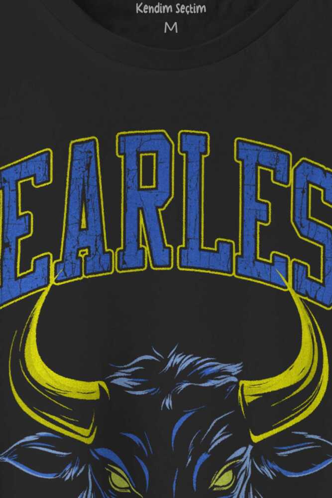 Fearless Boğa Bull 1907 Sarı Lacivert Gym Spor Korkusuz Yazı Baskılı Siyah Unisex Tişört (1)