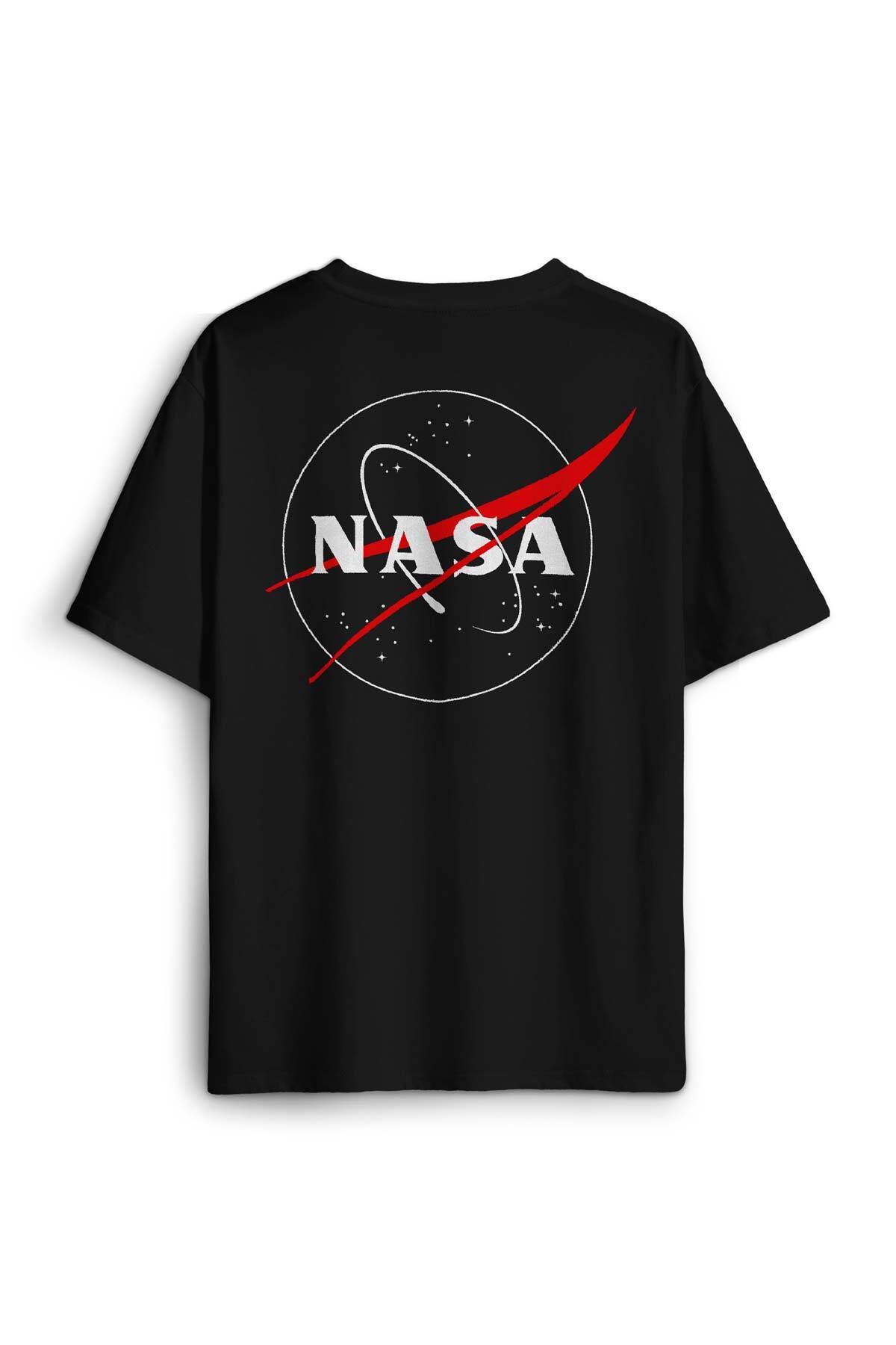 Nasa Logosu Uzay Cosmos Sırt Ön Baskılı Siyah Oversize Tişört Unisex