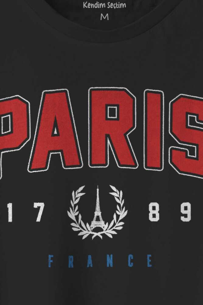 Paris Fransa City France Yazı Baskılı Unisex Kısa Kollu Siyah Tişört (1)