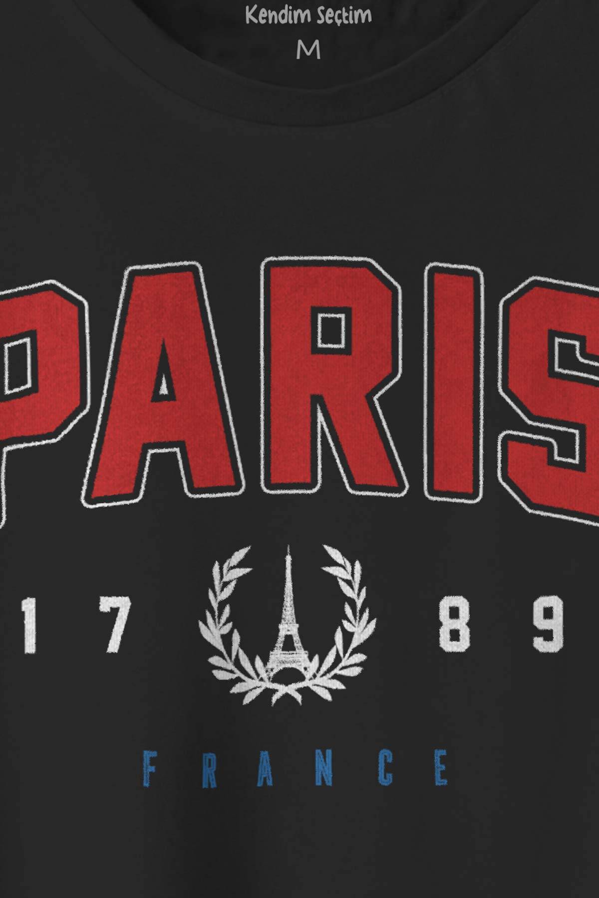 Paris Fransa City France Yazı Baskılı Unisex Kısa Kollu Siyah Tişört (1)