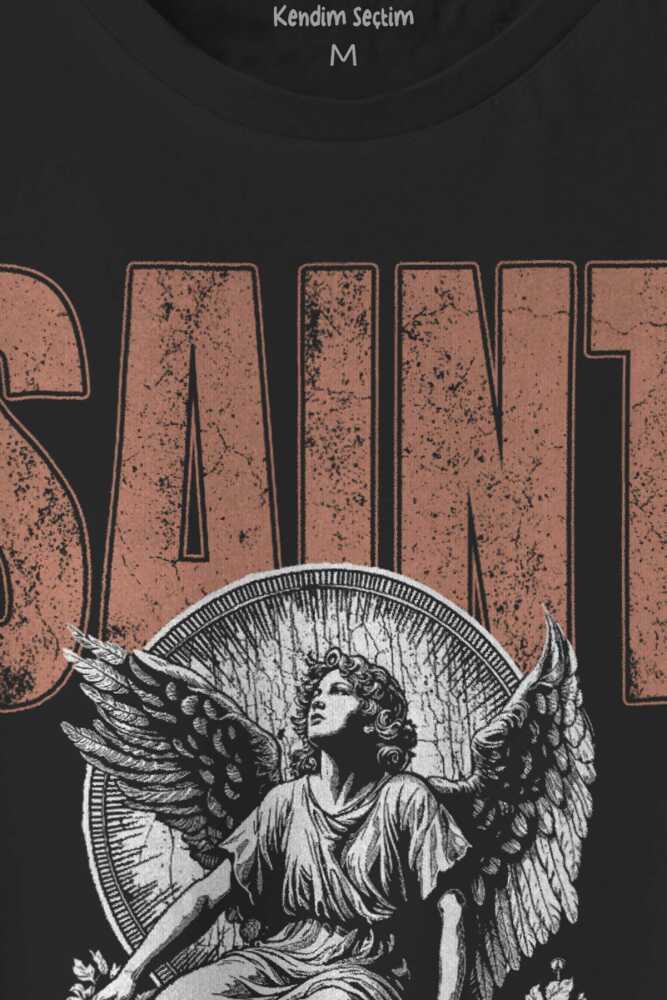 Saint Gothic Kutsal Melek Angel Gotik Baskılı Siyah Unisex Tişört (1)
