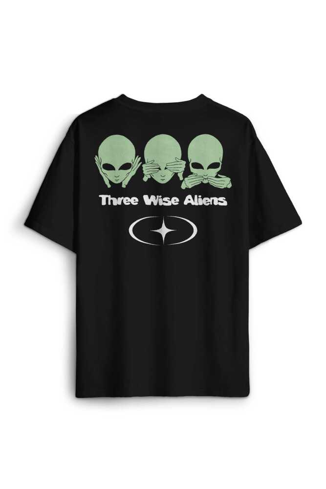 Siyah Tişört Three Wise Aliens Ufo Mars Uzay Kozmos Minimal Baskılı Oversize