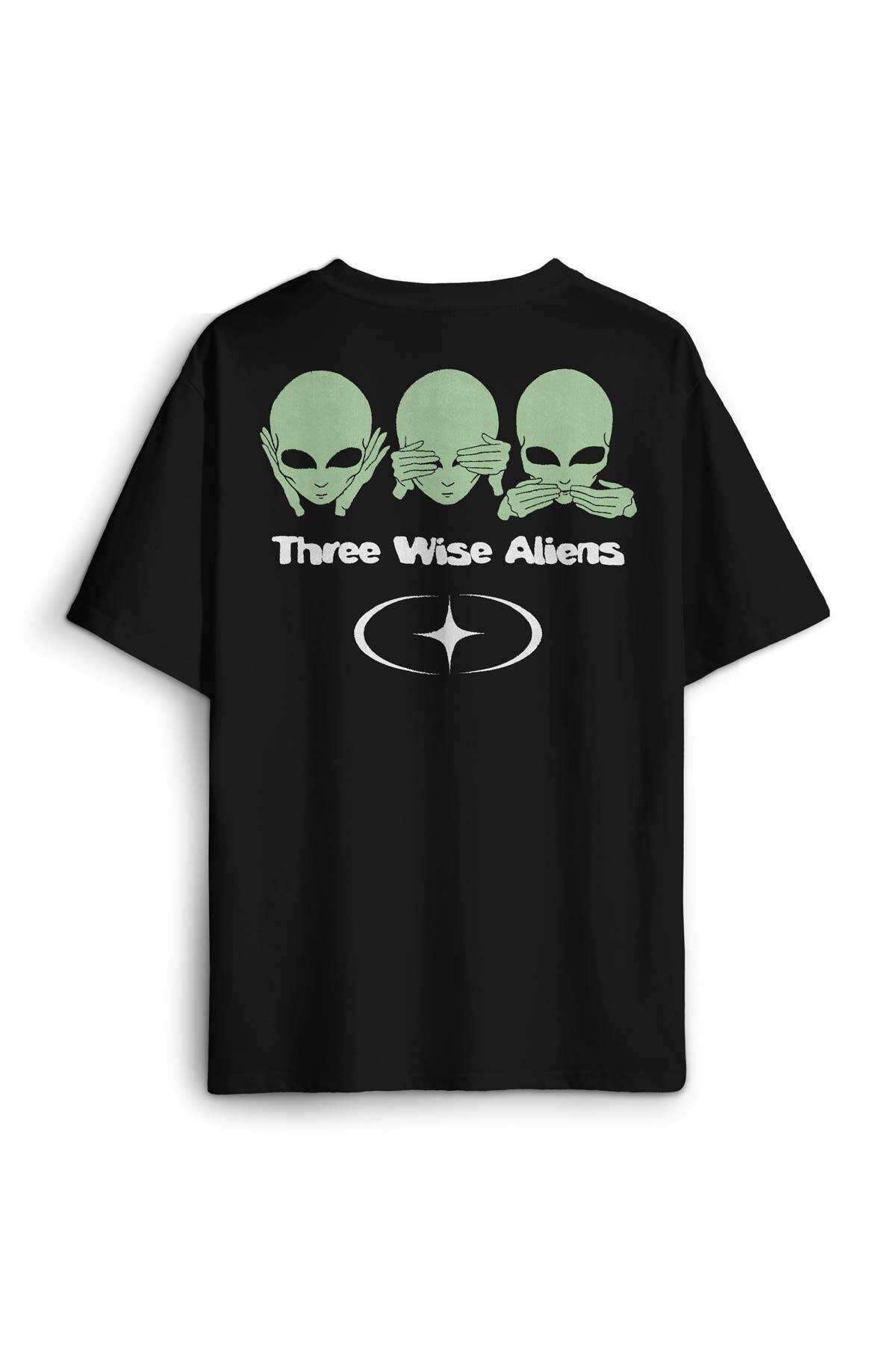 Siyah Tişört Three Wise Aliens Ufo Mars Uzay Kozmos Minimal Baskılı Oversize
