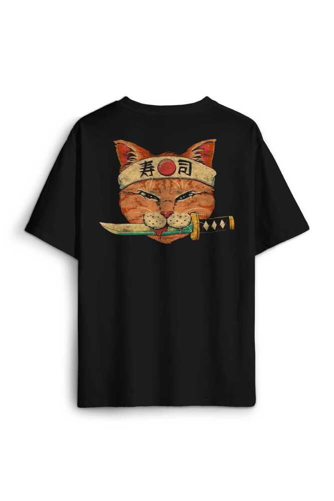 Siyah Unisex Cat Sushi Japanese Vintage Sokak Sırt Ön Baskılı Oversize Tişört