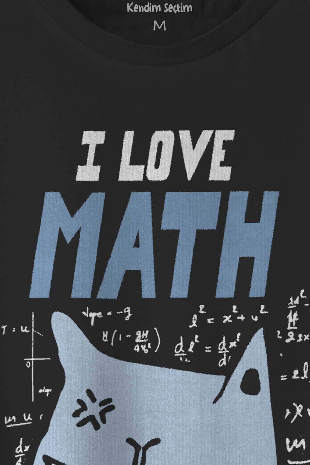 I Love Math Matematik Formül Kedi Siyah Unisex Tişört (1)