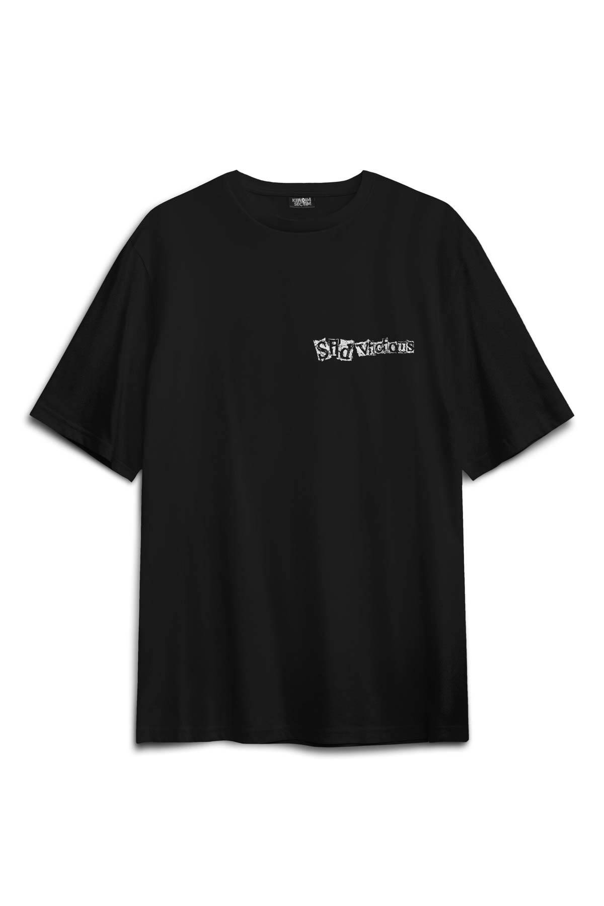 Siyah Unisex Tişört Sid Vicious Sex Pistols Bass Guitar Music Punk Sırt Ön Baskılı Oversize T-shirt