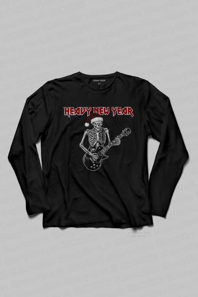 Siyah Unisex Uzun Kollu Tişört Heavy New Year Gitarlı İskelet Metal Müzik Yılbaşı