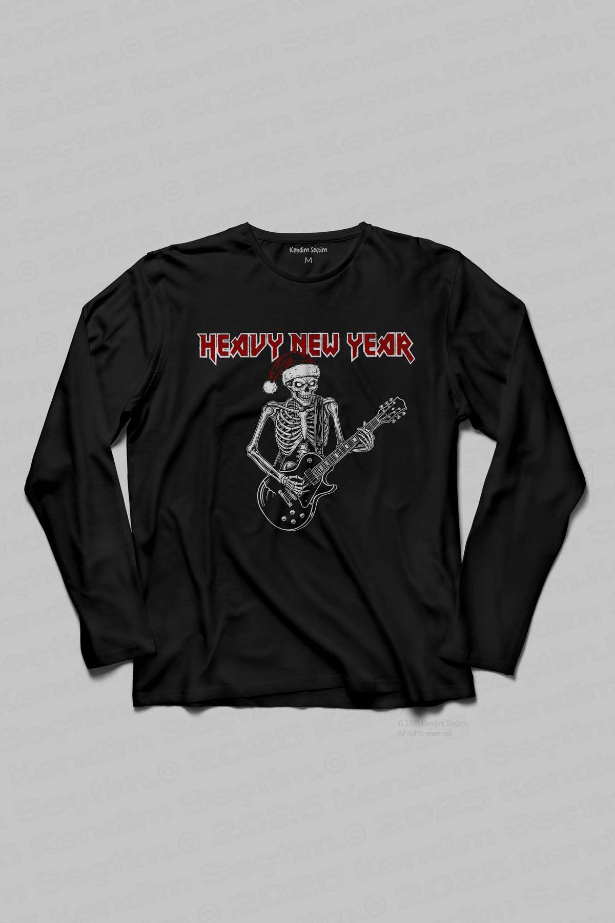 Siyah Unisex Uzun Kollu Tişört Heavy New Year Gitarlı İskelet Metal Müzik Yılbaşı - 1