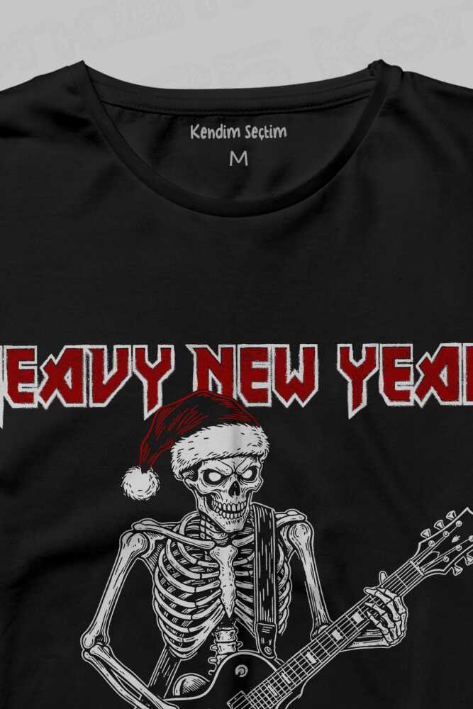 Siyah Unisex Uzun Kollu Tişört Heavy New Year Gitarlı İskelet Metal Müzik Yılbaşı (1)