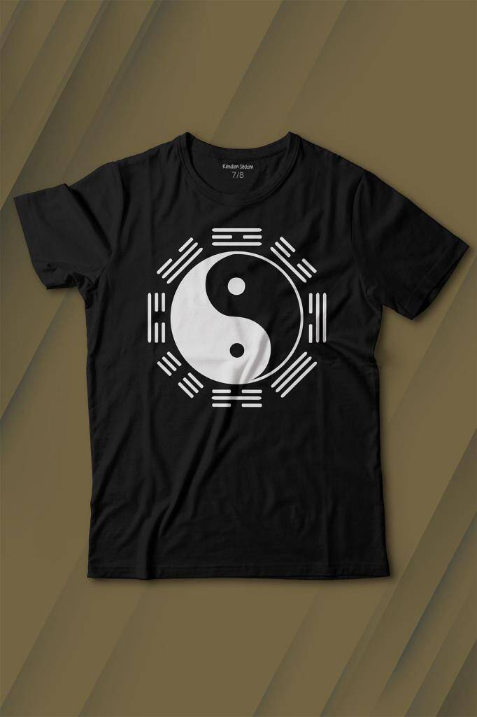 Siyah Ve Beyaz Ying Yang Sekiz Trigram Minimal Baskılı Tişört Çocuk T-shirt