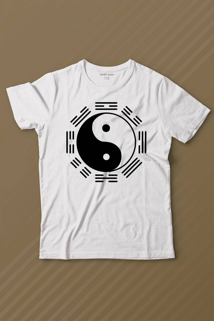 Siyah Ve Beyaz Ying Yang Sekiz Trigram Minimal Baskılı Tişört Çocuk T-shirt