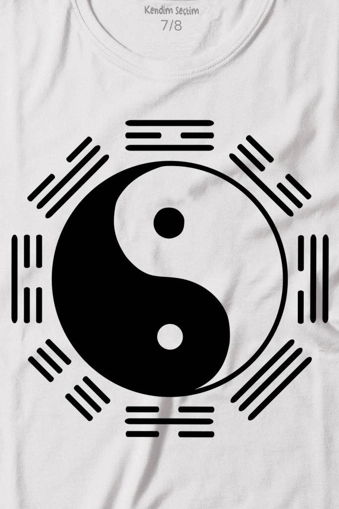 Siyah Ve Beyaz Ying Yang Sekiz Trigram Minimal Baskılı Tişört Çocuk T-shirt (1)