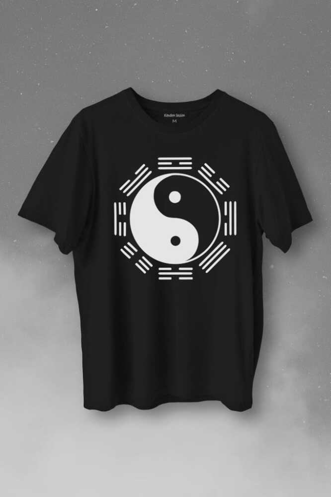 Siyah Ve Beyaz Ying Yang Sekiz Trigram Minimal Baskılı Tişört Unisex T-Shirt