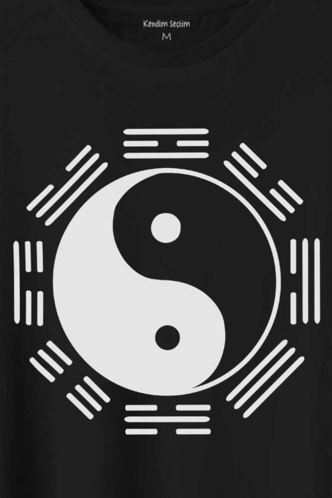Siyah Ve Beyaz Ying Yang Sekiz Trigram Minimal Baskılı Tişört Unisex T-Shirt (1)