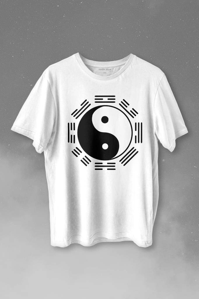 Siyah Ve Beyaz Ying Yang Sekiz Trigram Minimal Baskılı Tişört Unisex T-shirt